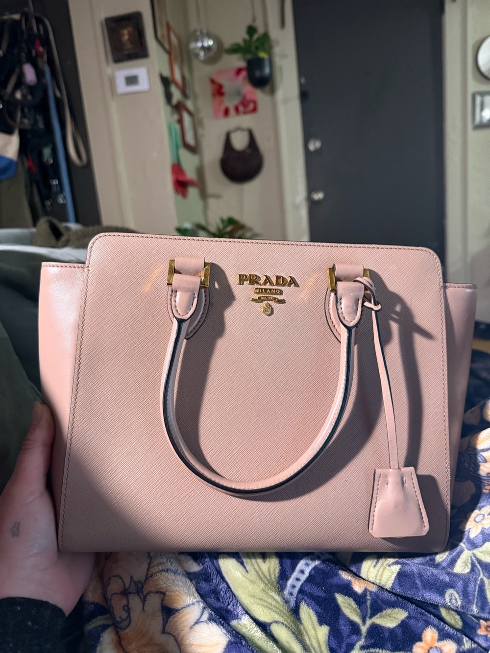 Prada Pale Pink Saffiano Leather Satchel with Gold Logo